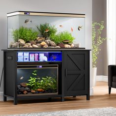 a fish tank with plants and rocks in it on top of a table next to a couch