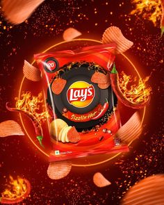 an advertisement for lays potato chips with fire and flames around it on a red background