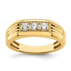 an 18k yellow gold ring with three diamonds on the side and measurements for each band