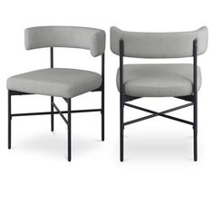 two grey chairs sitting side by side on a white background, one with a black frame and the other has a gray upholstered seat