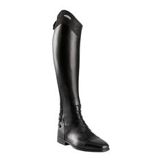 a pair of black riding boots on a white background