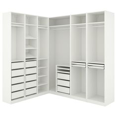 an open white closet with drawers and shelves on both sides is shown in front of a white background