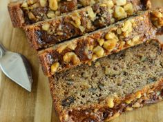 slices of banana nut bread on a cutting board