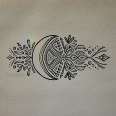 a drawing of a crescent with flowers and leaves on it's side, in black ink