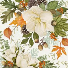 a painting of white flowers and leaves on a white background with pine cones, acorns and berries