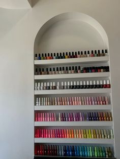 Gel Polish Wall Display Ideas, Nail Polish Collection Display, Nail Tech Home Set Up, Nail Polish Display Ideas, Estudio Nails, Nail Shed, Nail Rooms, Nail Polish Organization, Nail Chair