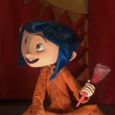 a cartoon character with blue hair sitting on the floor holding a brush and toothbrush