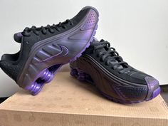 New - Nike Womens Shox R4 Club Purple/Club Purple-Black Running Shoes Size 6.5 RARE Rare / You Cant Get Those Anywhere.  Limited Edition !!! Released in 2010 Brand New in Original box. Last 2 pictures of left shoe show some glue marks  Please see pictures as they are part of description. Shipped with insurance and signature request at delivery !!! Bid with confidence view my FEEDBACK IF YOU ARE SATISFIED WITH YOUR PURCHASE CAN YOU PLEASE LEAVE POSITIVE FEEDBACK.  EBAY REQUIRES ALL SELLERS TO MAI Solid Purple Nike Shoes, Purple And Black Nike Shoes, Black And Purple Sneakers, Purple Running Shoes For Streetwear, Nike Purple Skate Shoes With Energy-returning Midsole, Shox Shoes, Nike Shox For Women, Purple Nikes, Shoes Size 6