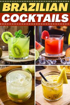 four different types of cocktails with the words brazilian cocktails on top and below