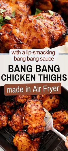 chicken thighs on a grill with text overlay that reads, with a tip - making bang bang chicken thighs made in air fryer