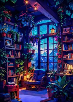 a room filled with lots of plants next to a large window and bookshelf