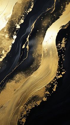 an abstract black and gold painting with white swirls on the bottom right hand corner