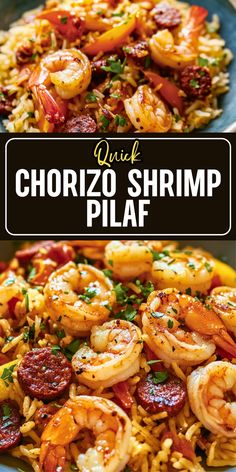 shrimp and rice pilaf in a blue bowl with text overlay that reads quick chorizzo shrimp pilaf