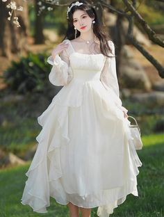 Size: S Cool White Dress, Long Flowing Dress, Fairy Inspired Wedding Dress, Dress For Midsize, Long White Flowy Dress, Fairycore Dresses, Dress With Pearls, White Flowy Dress, Deer Doll