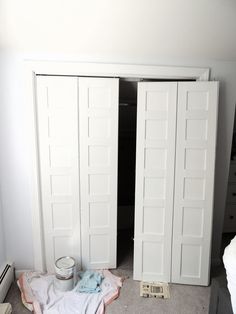 two white closet doors are open in a bedroom with carpeted flooring and paint on the walls