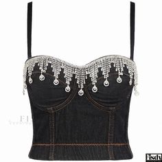 Fisdy - Stylish Denim Party Top with Intricate Fringe, Crystal Embellishments, and Wrap Bust for Outerwear or Layering Casual Bra, Denim Party, Denim Tank Top, Denim Tank, Stylish Jeans, Tassels Fashion, Goth Outfits, Women Corset, Girls Wear