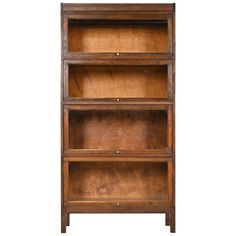 a wooden bookcase with three shelves on one side and two drawers on the other