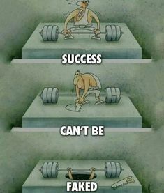 three pyramids that have different stages of lifting dumbbells, with the caption saying success can't be faked