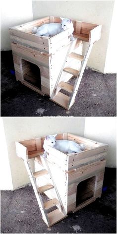 two pictures of the same dog house made out of pallet wood and one has a cat in it