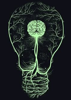 the inside of a light bulb with trees growing out of it and an image of a brain