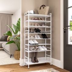 a white shoe rack in a living room