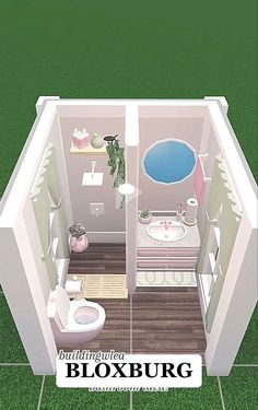 an image of a small bathroom with a pool in the center and green grass on the ground