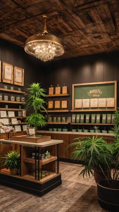 the inside of a store with potted plants and wooden shelves on either side of the counter