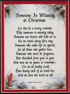 the poem for someone's missing at christmas is shown in red and black frame