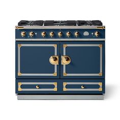 a blue stove top oven with two burners and gold knobs on the front