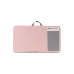 an electronic device with a pink cover on it's side and a gray handle