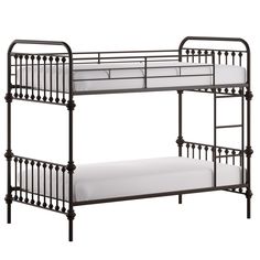 a metal bunk bed with two white mattresses on the bottom and one black frame