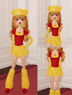 two different views of a girl in yellow and red clothing, with long blonde hair