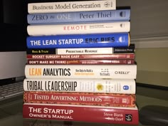 a stack of books sitting on top of a desk