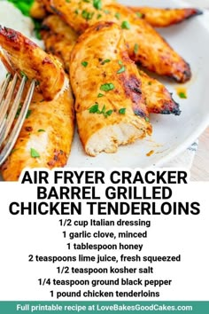 the flyer for an air fryer grilled chicken tenders recipe is shown on a white plate