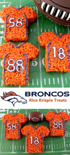 rice krispy treats shaped like football jerseys on a green tablecloth with the words bronco's rice krispie treats