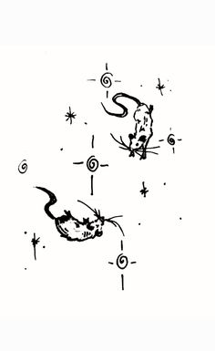 a black and white drawing of two cats playing with each other in the air on a white background