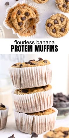 chocolate chip banana protein muffins stacked on top of each other with text overlay