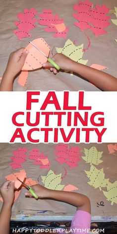 two children cutting paper with scissors on top of a sheet of paper that says fall cutting activity