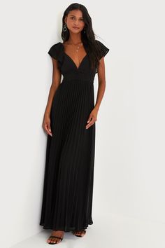 Ideal Occasion Black Pleated Flutter Sleeve Backless Maxi Dress Black Chiffon Sleeve Dress, Cheap Long Black Dress, Simple Dresses Long Black, Long Black Plain Dress, Casual Black Dress Wedding, Backyard Wedding Dress Simple Guest, Classic Black Bridesmaid Dress, Black Simple Maxi Dress, Black Semi Formal Wedding Attire