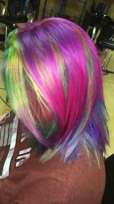 Neon Rainbow Hair, Shoet Hair, Color Block Hair, Pink Purple Hair, Hair Rainbow, Dramatic Hair, Neon Hair, Teal Hair, Hair Color Streaks