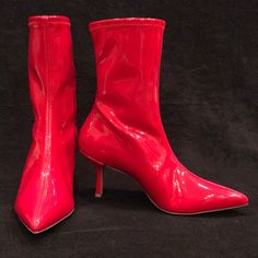 New With Out Box Patent Leather Look Stretch Sock Bootie Snug Fit Centerline Stitching Narrow Pointy Toeline Pull-On Styling Rubber Sole Stiletto Heels; 3" Shaft; 7" Circumference; 10" (Unstretched) Glossy Red Materials: 55% Polyurethane, 45% Polyester Sock Bootie, Sock Boot, Stuart Weitzman Boots, Black Suede Ankle Boots, Leopard Heels, Kitten Heel Sandals, Leather Heeled Boots, Socks And Heels, Open Toed Heels