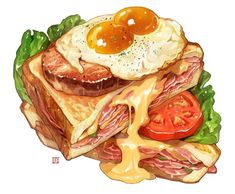 a sandwich with meat, cheese and an egg on top is shown in this watercolor drawing