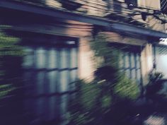 blurry photograph of an apartment building with trees in the foreground and traffic lights above