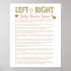 a baby shower game poster with gold foil lettering and hearts on the bottom right corner