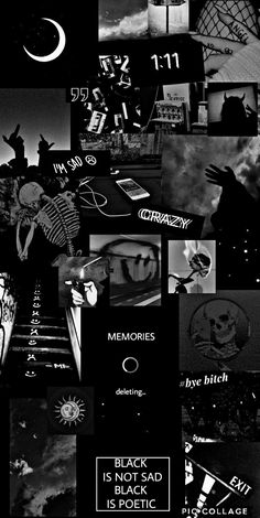 a collage of black and white images with the moon in the sky above them