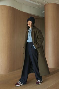 #ParkSora F/W daily #stylenanda2022 Trousers Winter Outfit, Formal Fits, 3ce Stylenanda, Park Sora, Lapel Coat, Long Coat Jacket, Pleated Trousers, Cool Fits, V Neck Cardigan