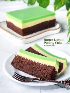 two slices of chocolate cake with green and yellow frosting