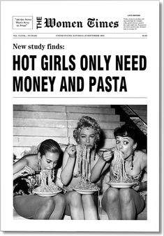 the front page of women times magazine showing two women eating spaghetti and one woman sitting down