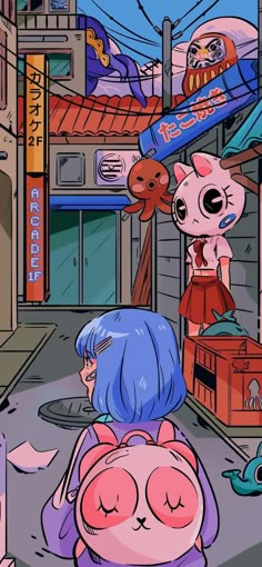 cartoon girl with blue hair walking down the street