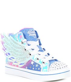 From Skechers&#x2C; the Girls' Twinkle Toes: Twi-Lites 2.0 Dreamy Wings Lighted Hi-Top Sneakers feature:Synthetic glitter finish upper with embellished wing detailTwinkle Toes  rhinestone embellished toe capLace-up high-top fashion sneaker with side zipOn/off buttonCushioned comfort insoleFlexible traction outsoleImported. Rainbow Shoes, Twinkle Toes, Girls Shoes Kids, Hi Top, Dillard's, Twinkle Twinkle, Kid Shoes, High Top, Sneakers Fashion